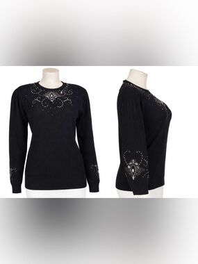 Vintage 90s Elegant Beaded Angora Wool Sweater - Black - S